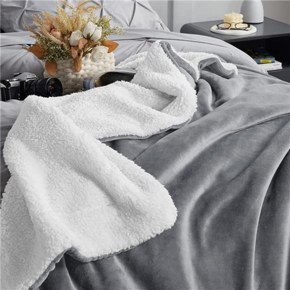 Fleece Blanket Throw Size Grey 50" x 60" Soft Fuzzy Reversible Throws Cozy Warm - Picture 5 of 6